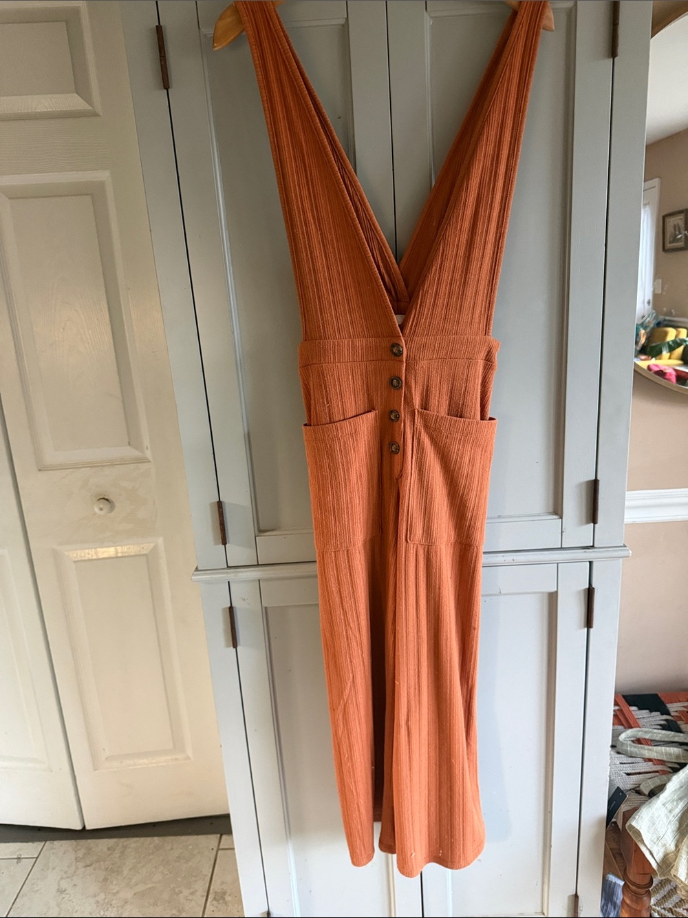 Sienna Sky Rust Brown V-Neck Button Front Midi Jumper Dress